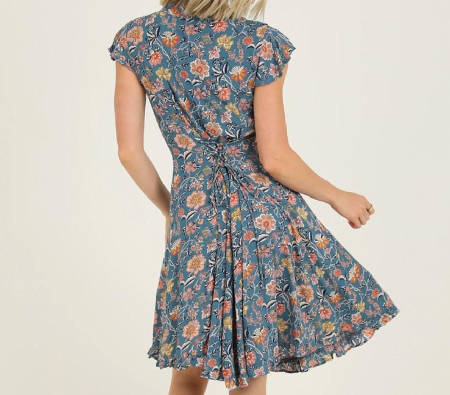 Blue Floral Embroidered Neck Dress