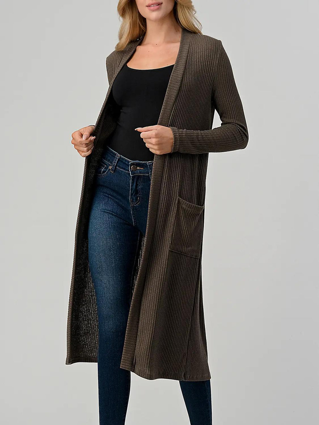 Heimious Open Front Long Sleeve Ribbed Knit Cardigan Brown L