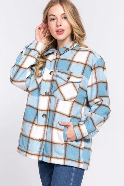 Brushed Plaid Fleece Lined Jacket | Blue & Cream