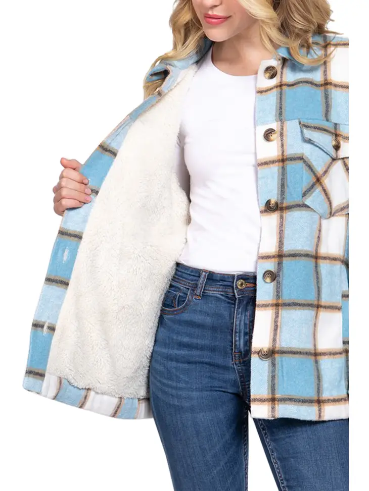 Brushed Plaid Fleece Lined Jacket | Blue & Cream