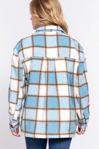 Brushed Plaid Fleece Lined Jacket | Blue & Cream