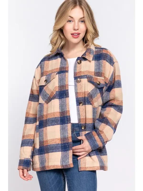 Brushed Plaid Fleece Lined Jacket | Taupe & Navy