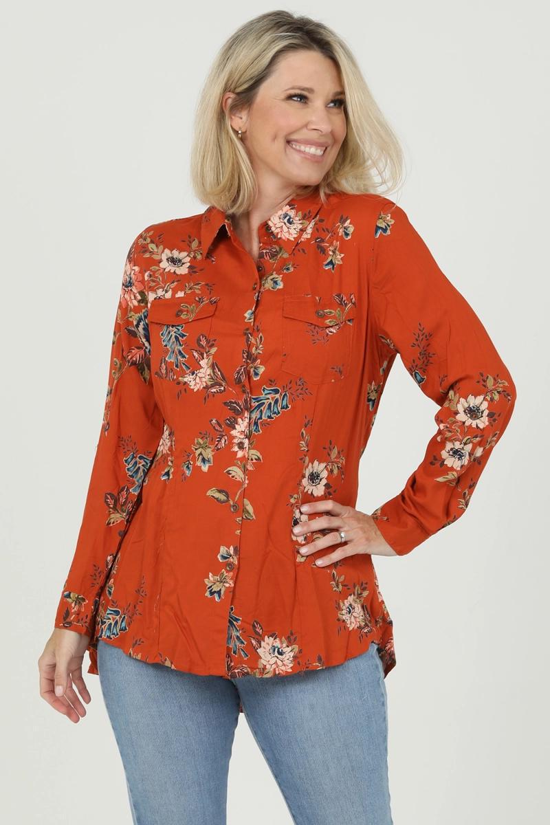 Button Front Floral Print Shirt with Tie Back