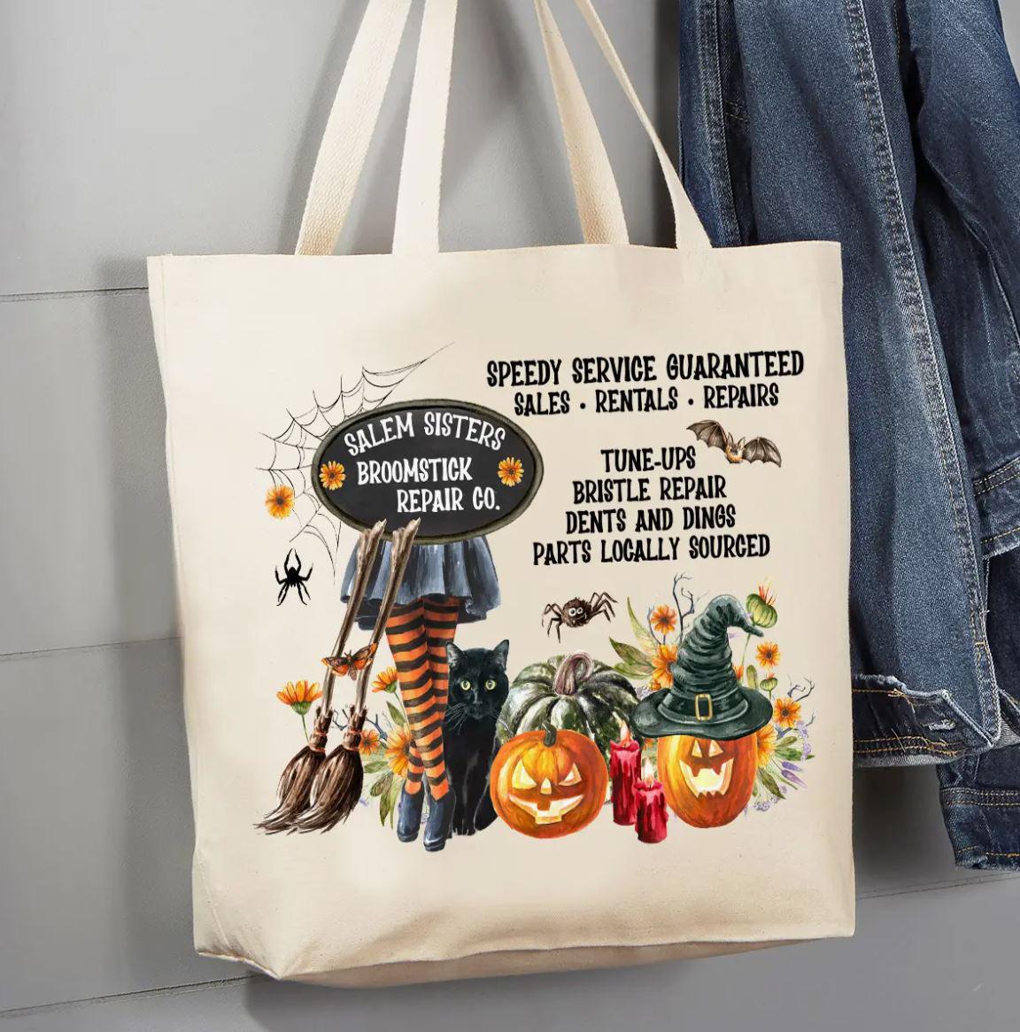 Canvas Tote Bag | Halloween Salem Sisters Broomsticks