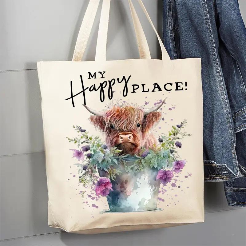 Canvas Tote Bag | Highland Cow My Happy Place Canvas Tote Bag | Highland Cow My Happy Place