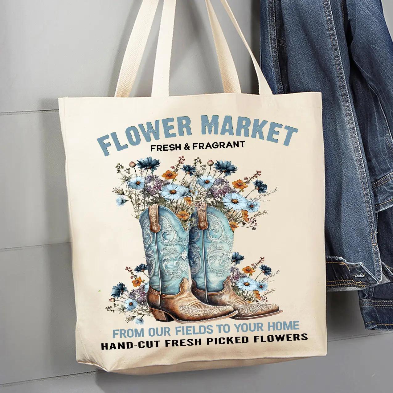 Canvas Tote Bag | Western Cowboy Boots Flower Market Canvas Tote Bag | Western Cowboy Boots Flower Market