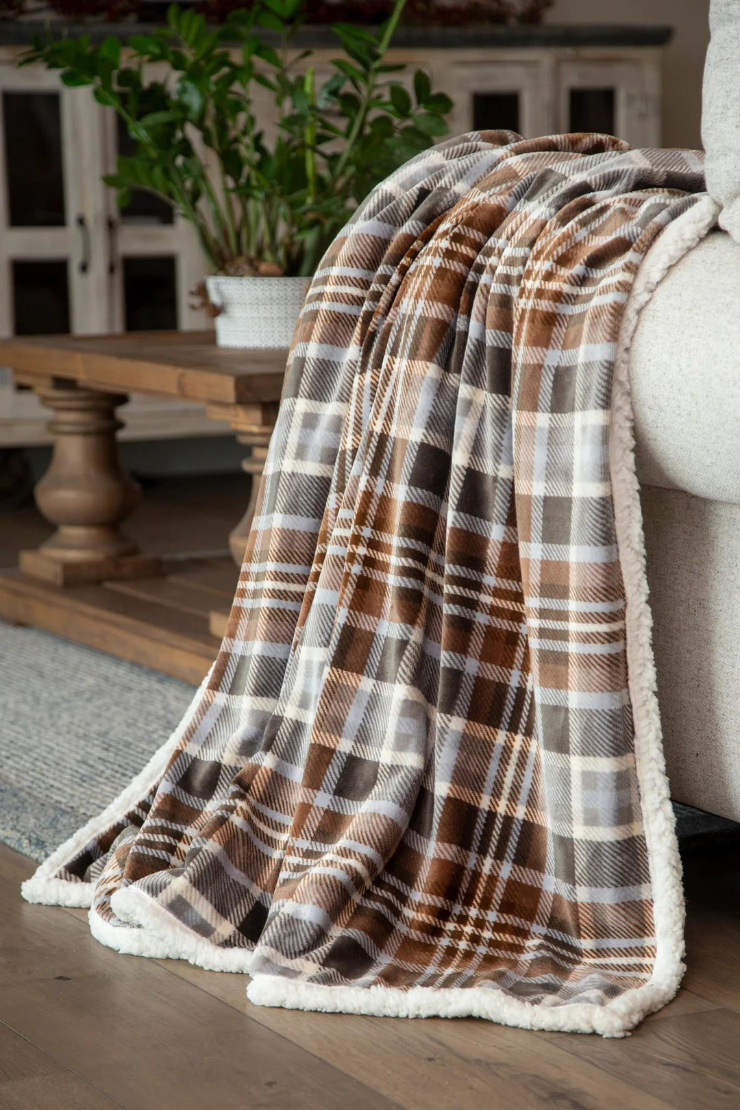 Carsten's Sherpa Plush Throw Blanket | Grey & Chestnut Plaid Carsten's Sherpa Plush Throw Blanket | Grey & Chestnut Plaid