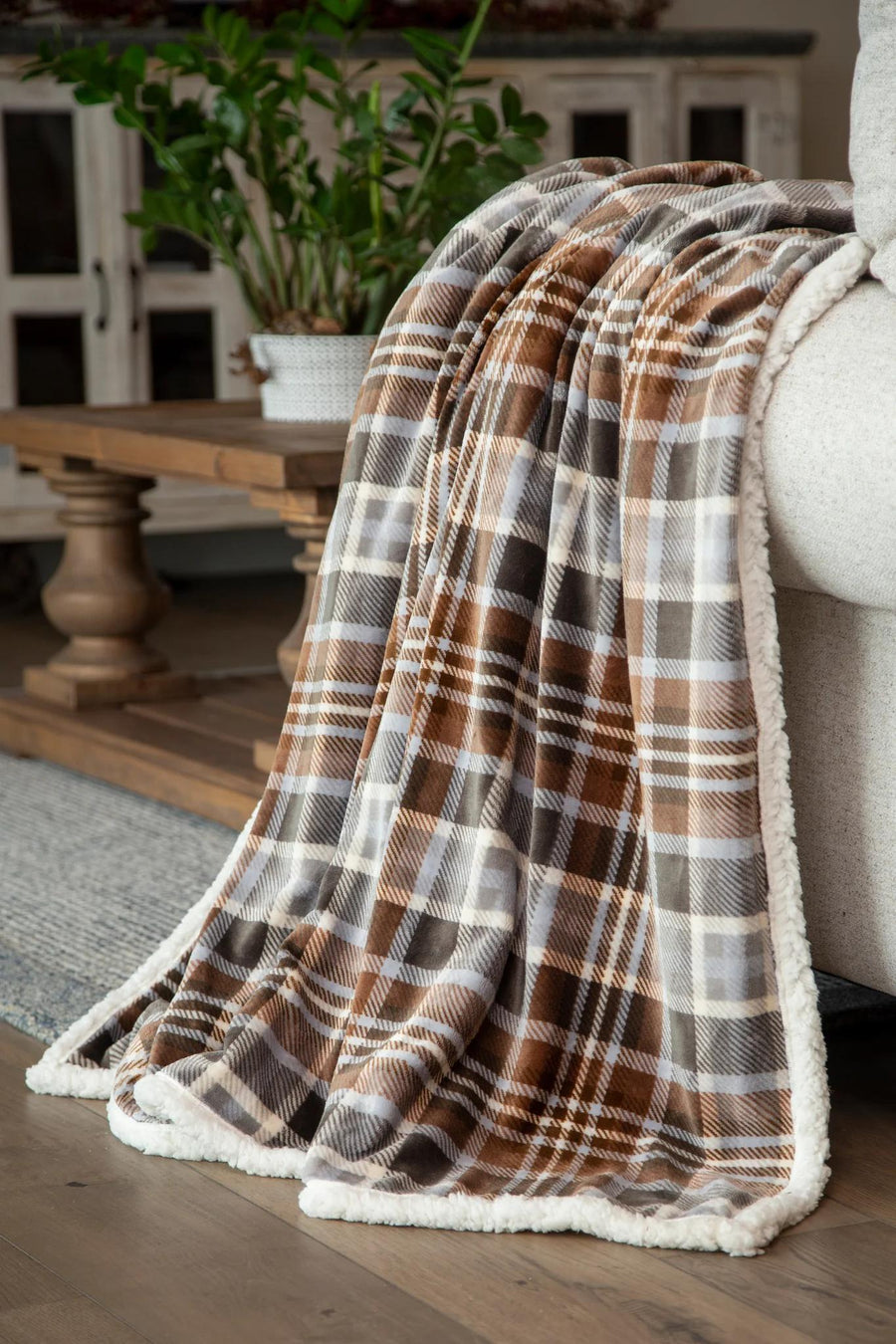 Carsten's Sherpa Plush Throw Blanket | Grey & Chestnut Plaid Carsten's Sherpa Plush Throw Blanket | Grey & Chestnut Plaid
