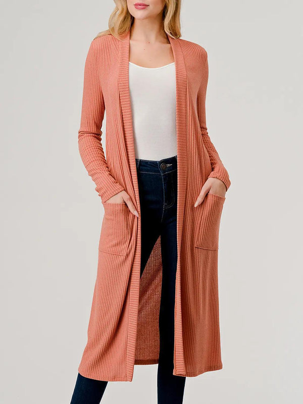 Heimious Open Front Long Sleeve Ribbed Knit Cardigan Cedar Wood L