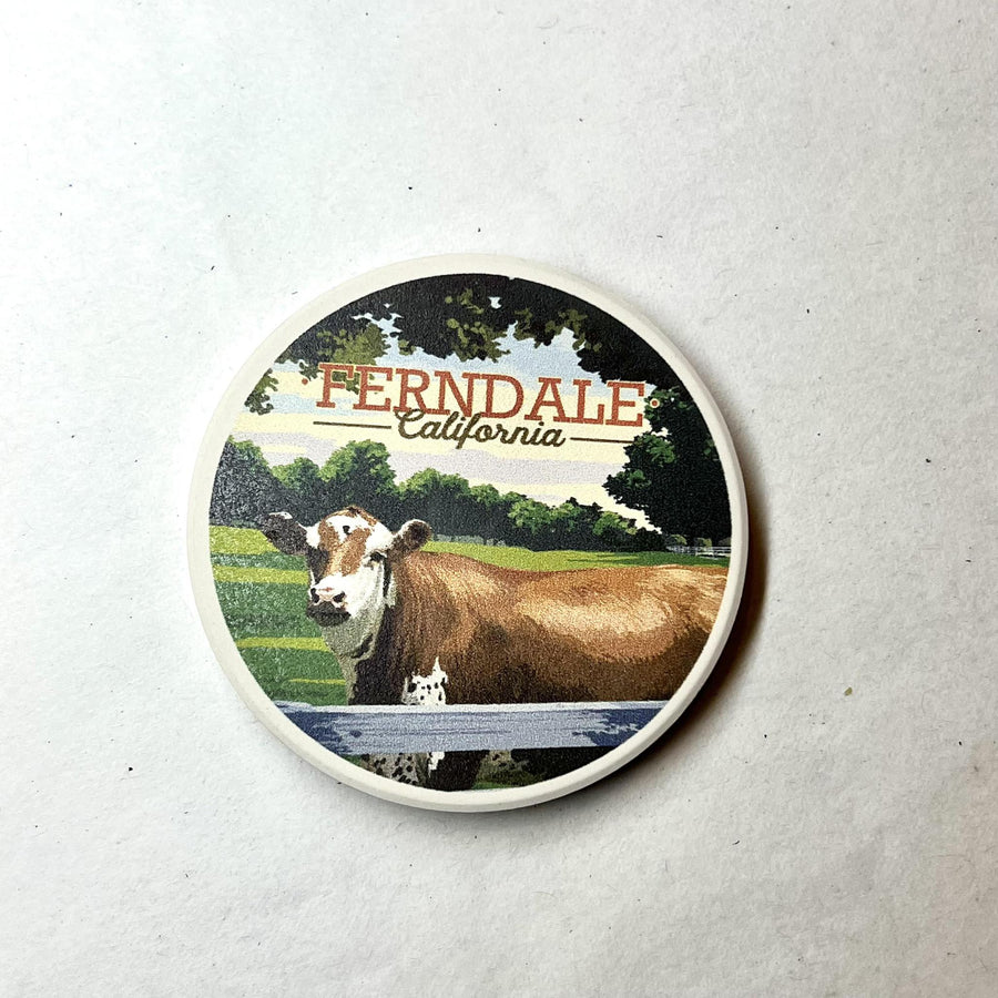 Ceramic Car Coaster | Ferndale California Cow in Pasture