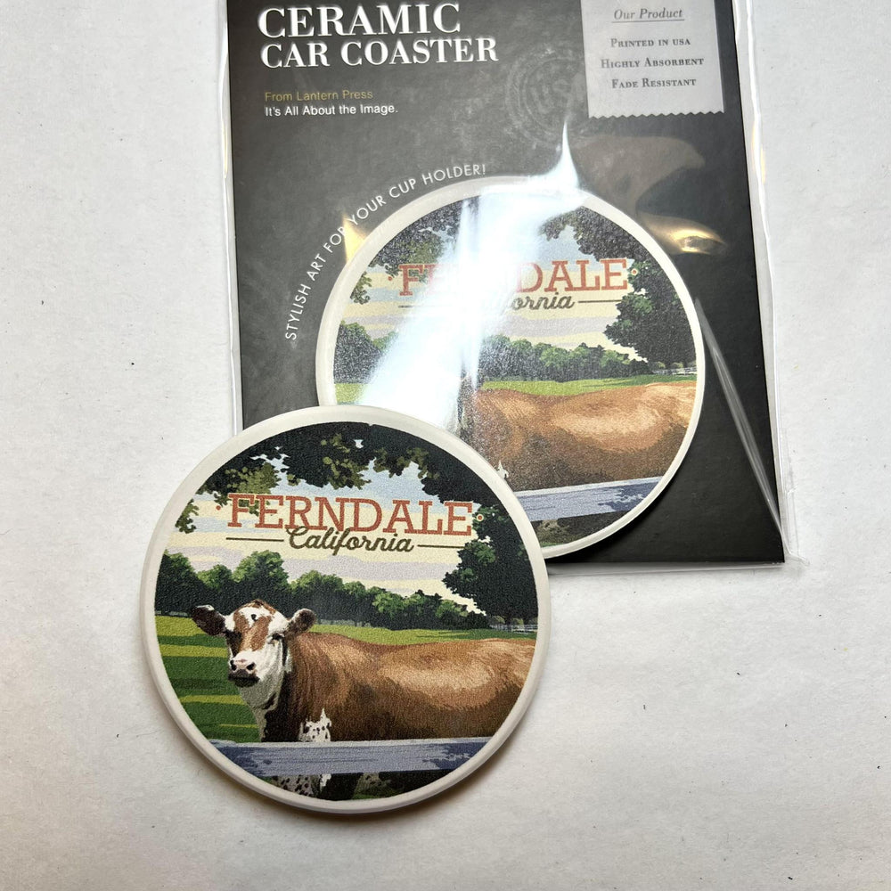 Ceramic Car Coaster | Ferndale California Cow in Pasture