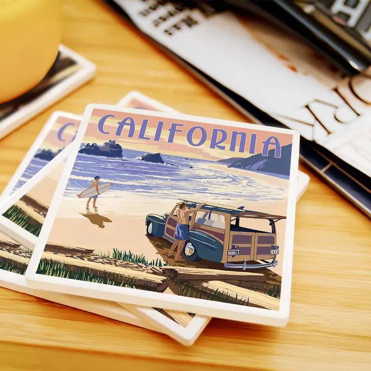 Ceramic Coaster | California Coast Woody on the Beach Ceramic Coaster | California Coast Woody on the Beach