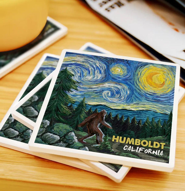 Ceramic Coaster | Humboldt California Bigfoot, Van Gogh Starry Night Ceramic Coaster | Humboldt California Bigfoot, Van Gogh Starry Night