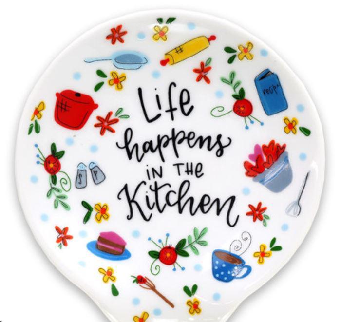 Ceramic Spoon Rest "Life Happens in the Kitchen"