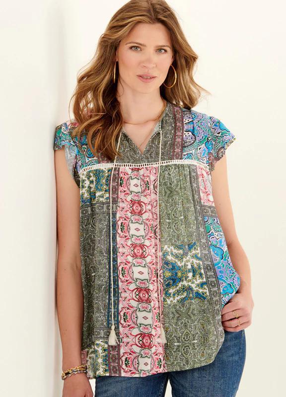 Charlie Paige Patchwork Rayon Crepe Lace Top