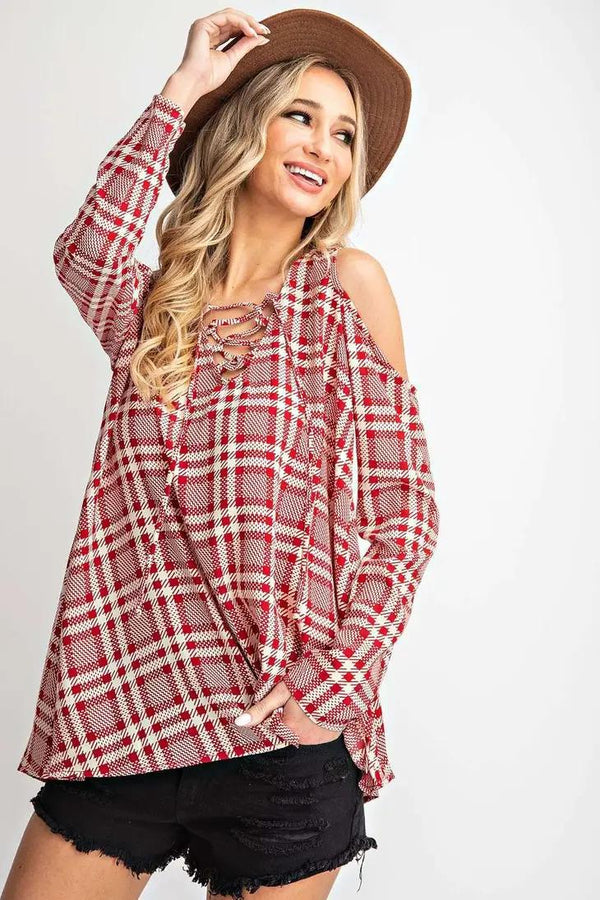 Checker Printed Woven Cold Shouldered Top | Red