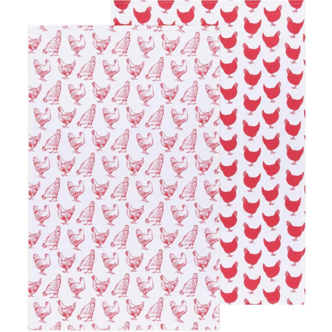 Chickens Print Red Flour sack Dishtowels Set of 2 Chickens Print Red Flour sack Dishtowels Set of 2