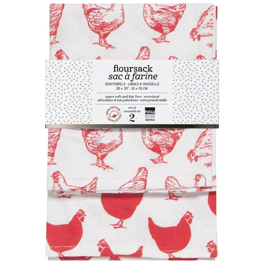 Chickens Print Red Flour sack Dishtowels Set of 2 Chickens Print Red Flour sack Dishtowels Set of 2