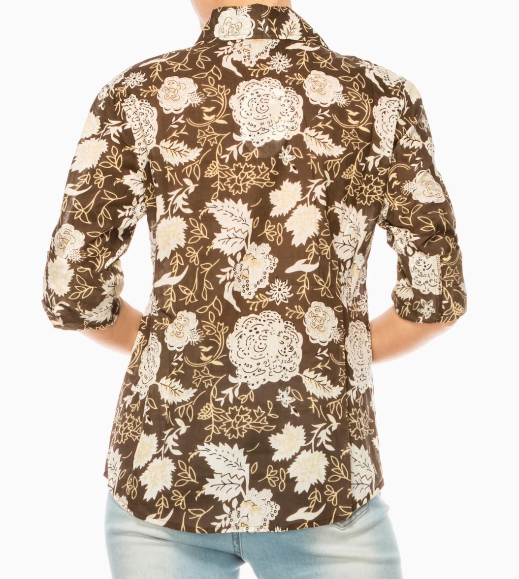 Chocolate Floral Button-Down Shirt with Velvet Trim – Spring/Summer Fashion Chocolate Floral Button-Down Shirt with Velvet Trim – Spring/Summer Fashion