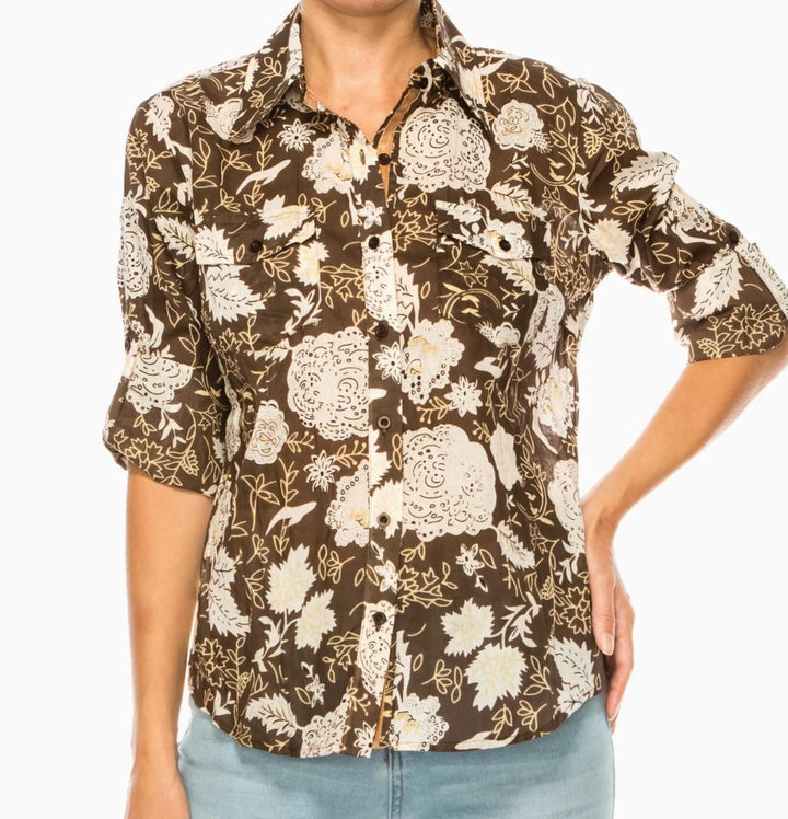 Chocolate Floral Button-Down Shirt with Velvet Trim – Spring/Summer Fashion Chocolate Floral Button-Down Shirt with Velvet Trim – Spring/Summer Fashion