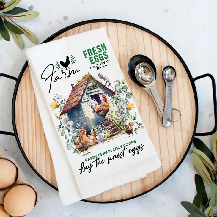 White Farmhouse Kitchen Towels Farm Fresh Eggs 