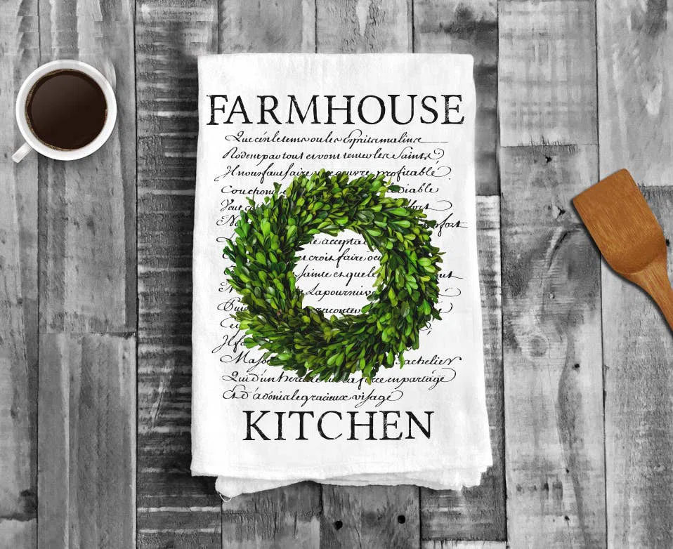 Cotton Tea Towel - Farmhouse Kitchen Wreath