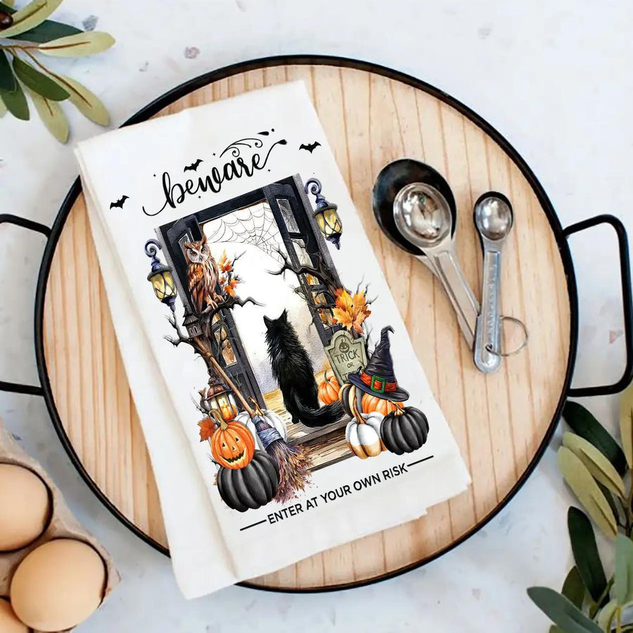 Cotton Tea Towel | Halloween Beware Black Cat Pumpkins