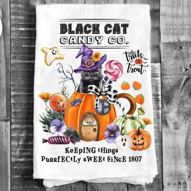 Cotton Tea Towel | Halloween Black Cat Candy Co.