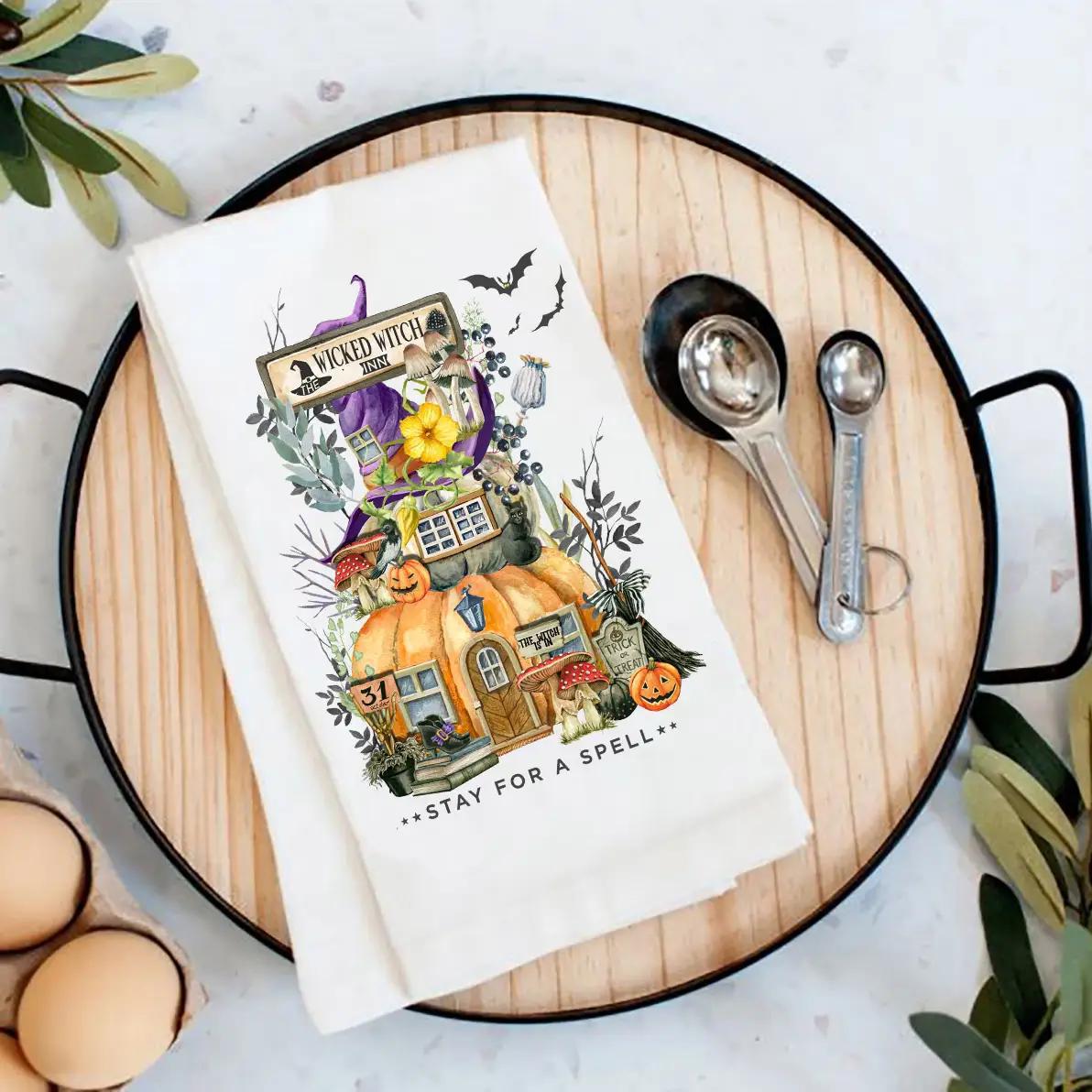 Cotton Tea Towel | Halloween Wicked Witch Pumpkin House