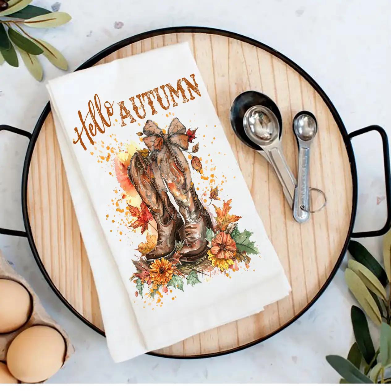 Cotton Tea Towel | Hello Autumn Fall Cowboy Boots