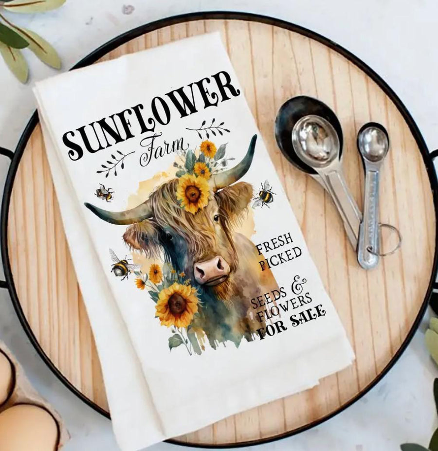 Cotton Tea Towel | Highland Cow Sunflower