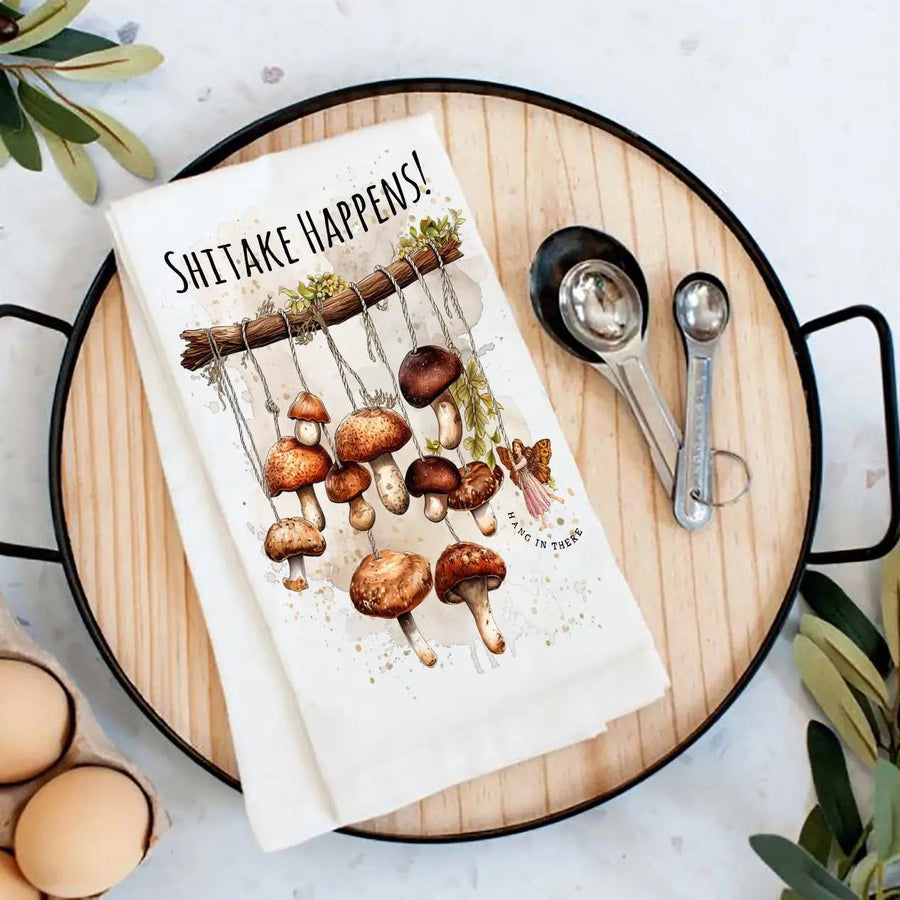 Cotton Tea Towel | Shitake Happens Mushrooms Funny Cotton Tea Towel | Shitake Happens Mushrooms Funny