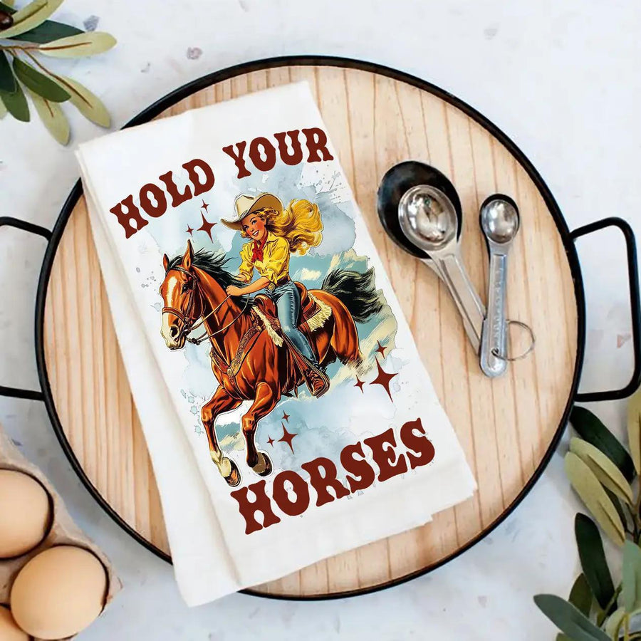 Cotton Tea Towel | Vintage Cowgirls Hold Your Horses Cotton Tea Towel | Vintage Cowgirls Hold Your Horses