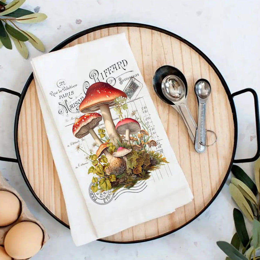 Cotton Tea Towel | Vintage French Red & White Mushrooms Cotton Tea Towel | Vintage French Red & White Mushrooms