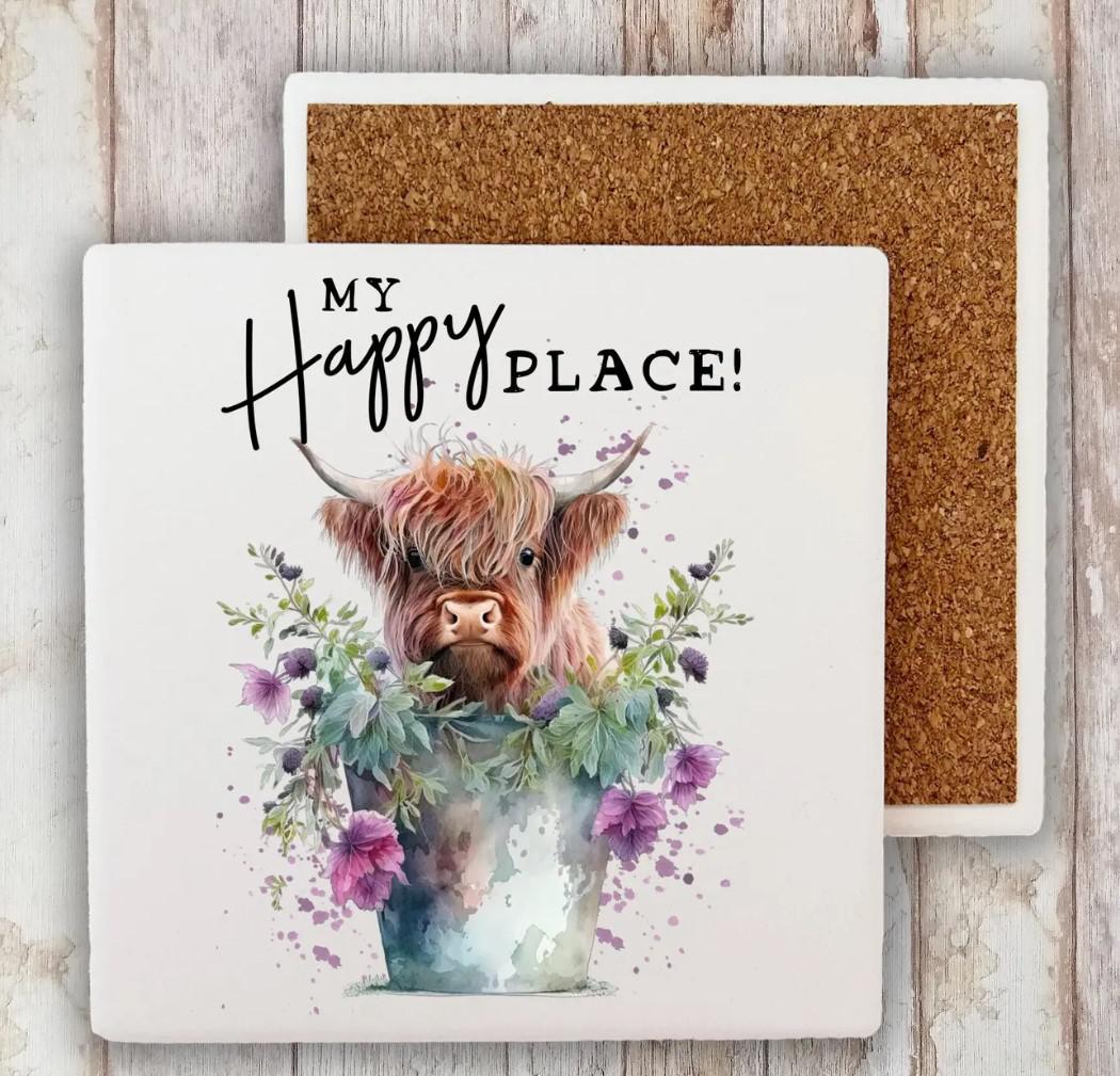 Decorative Stone Coaster Cow My Happy Place