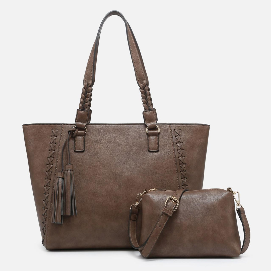 Lisa Structured Tote Set w/ Braided Accents Dark Chocolate
