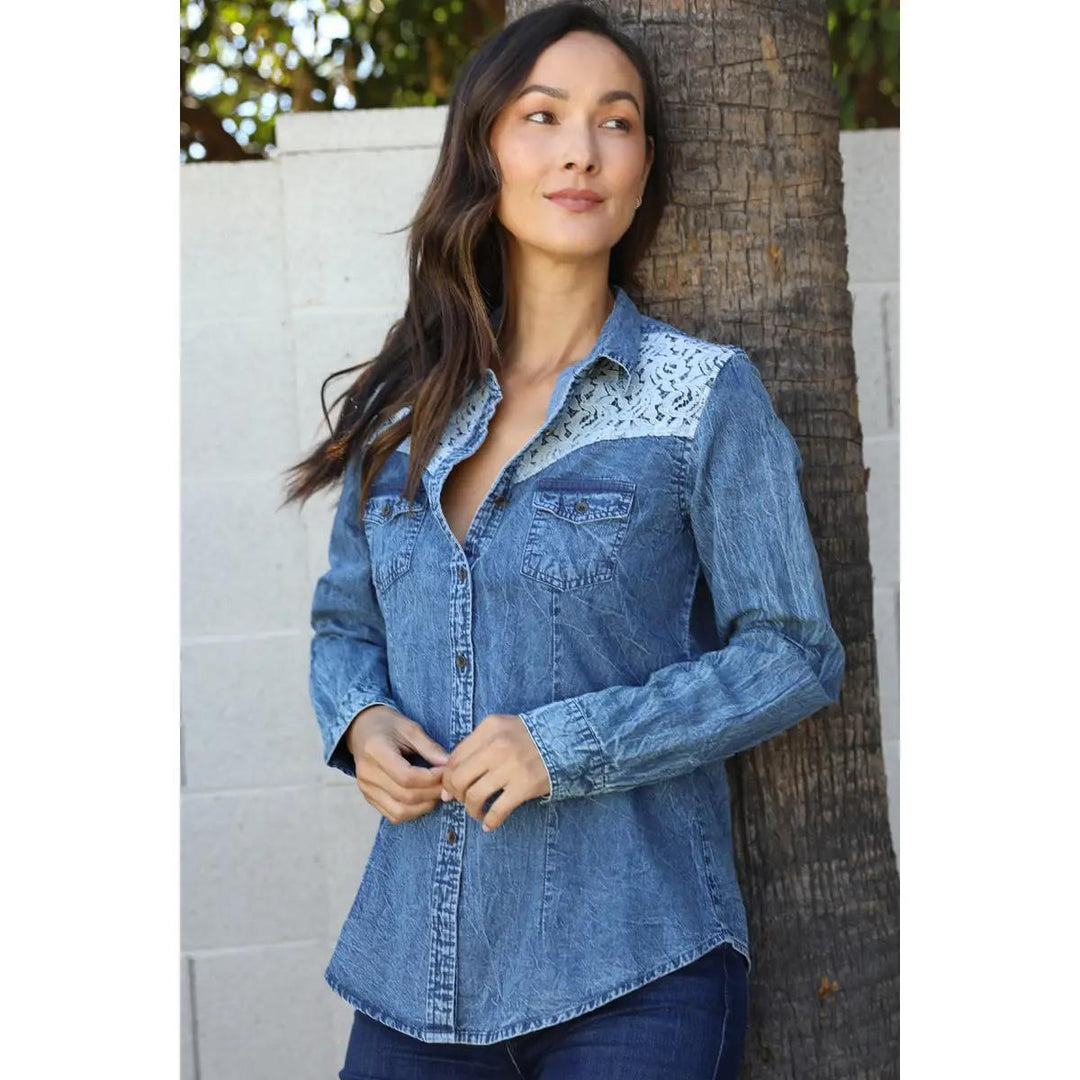 Denim Button Front Shirt with Lace Yoke Denim Button Front Shirt with Lace Yoke