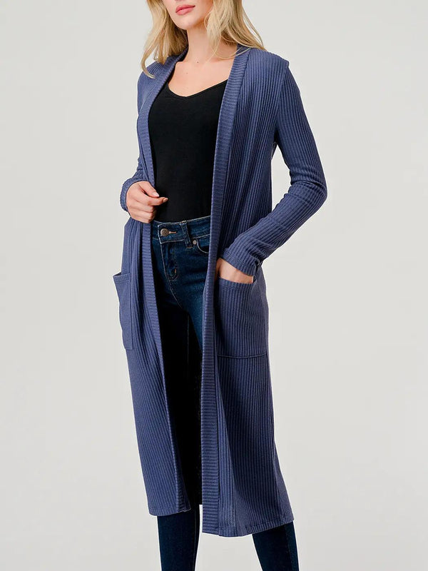 Heimious Open Front Long Sleeve Ribbed Knit Cardigan Denim M