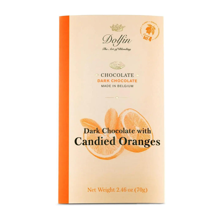 Dolfin Fine Belgium Chocolate | Dark Chocolate with Candied Oranges Dolfin Fine Belgium Chocolate | Dark Chocolate with Candied Oranges
