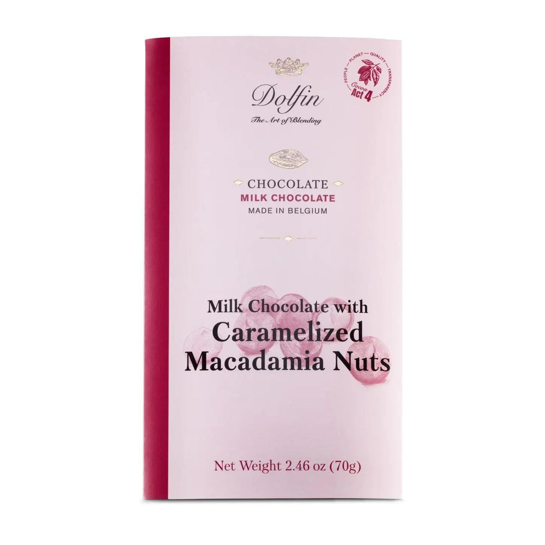 Dolfin Fine Belgium Chocolate | Milk Chocolate with Caramelized Macadamia Nuts Dolfin Fine Belgium Chocolate | Milk Chocolate with Caramelized Macadamia Nuts