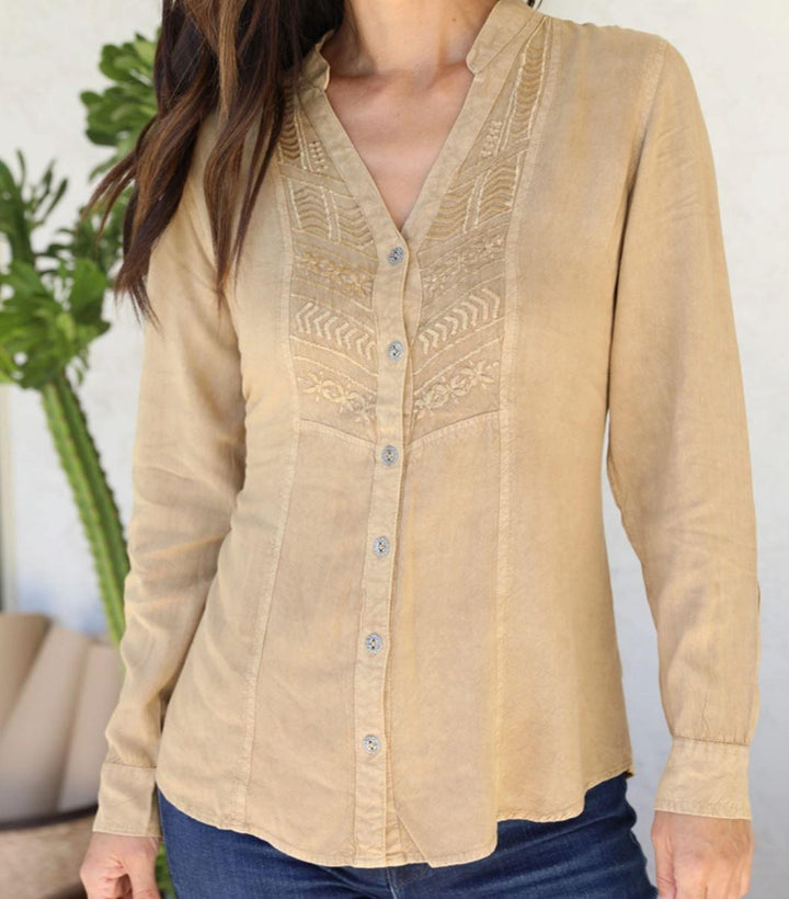 Embroidered Button Front Lace Up Back Shirt