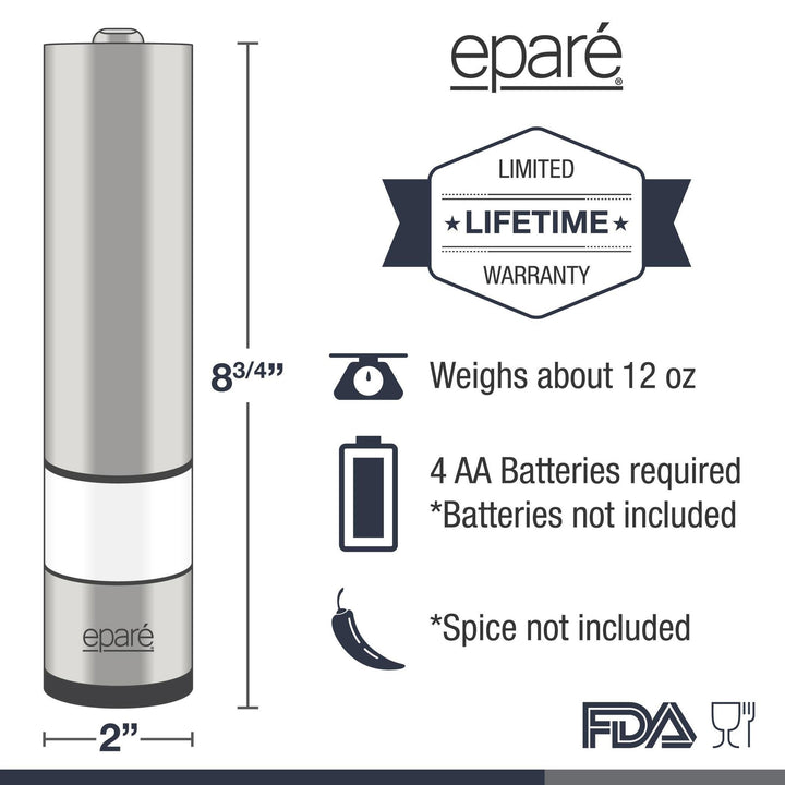 Eparé Stainless Steel Battery Operated Mill Spice Grinder Eparé Stainless Steel Battery Operated Mill Spice Grinder