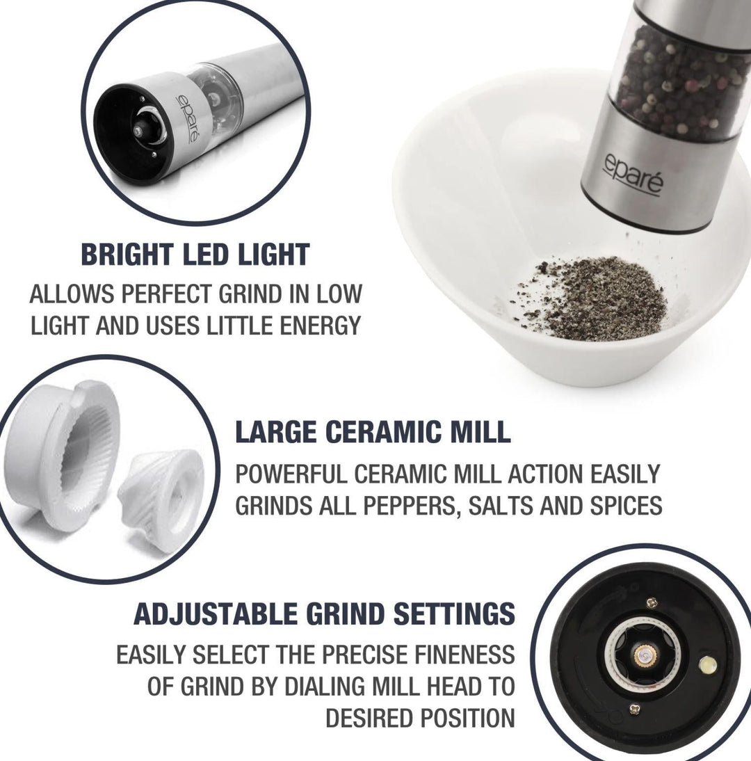 Eparé Stainless Steel Battery Operated Mill Spice Grinder Eparé Stainless Steel Battery Operated Mill Spice Grinder