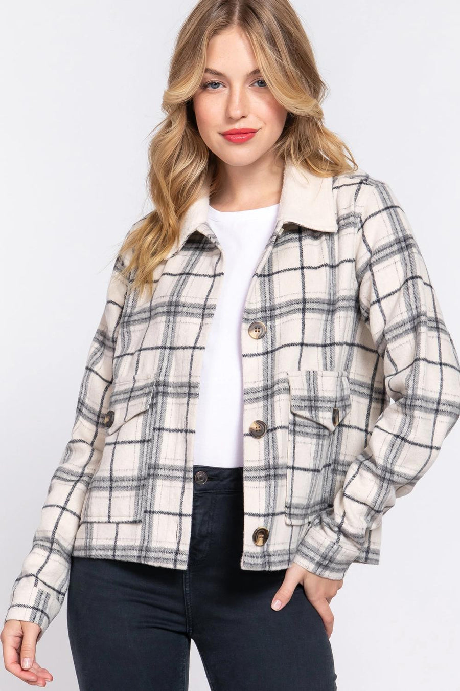 Faux Fur Collar Plaid Shacket