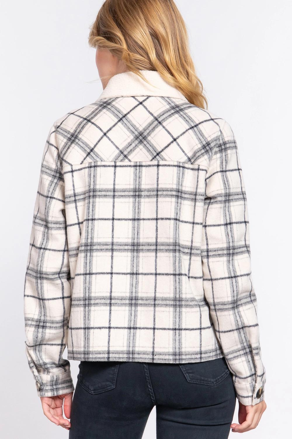 Faux Fur Collar Plaid Shacket