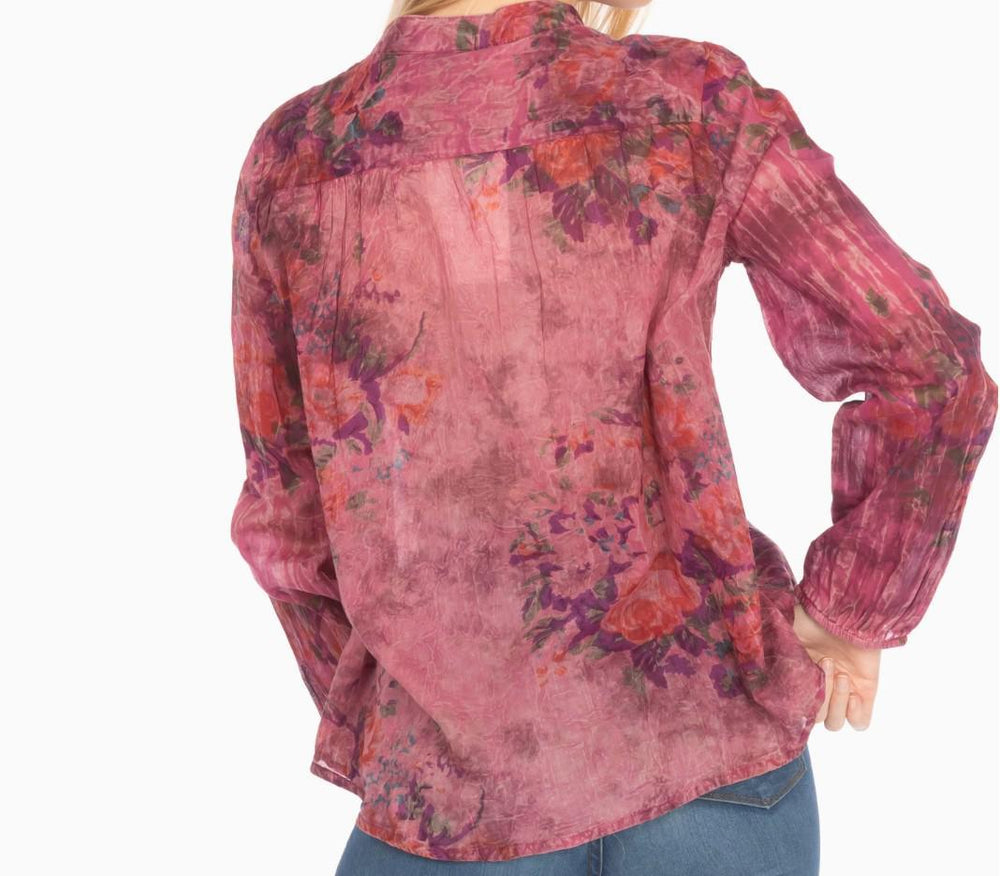 Floral Boho Button-Down Top with Drawstrings – Vintage Wash Floral Boho Button-Down Top with Drawstrings – Vintage Wash