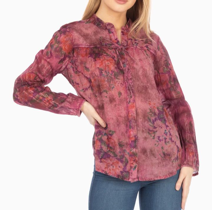 Floral Boho Button-Down Top with Drawstrings – Vintage Wash Floral Boho Button-Down Top with Drawstrings – Vintage Wash