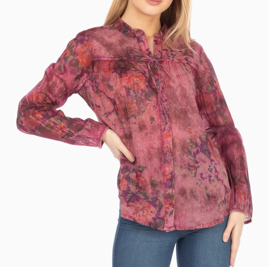 Floral Boho Button-Down Top with Drawstrings – Vintage Wash Floral Boho Button-Down Top with Drawstrings – Vintage Wash