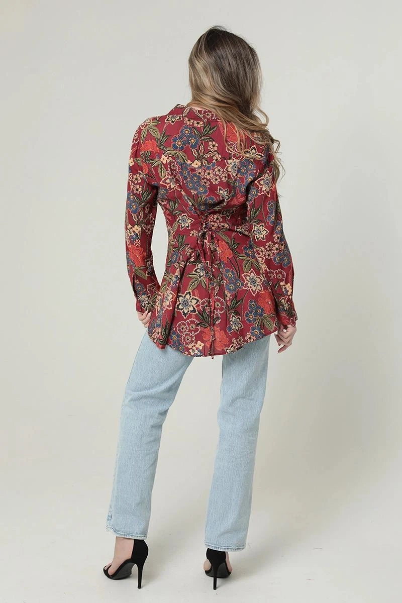Floral long sleeve button down with tie back Floral long sleeve button down with tie back