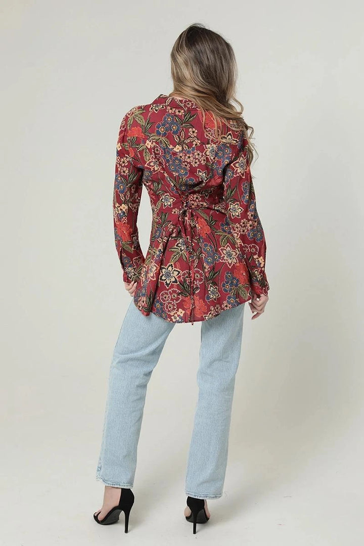 Floral long sleeve button down with tie back Floral long sleeve button down with tie back
